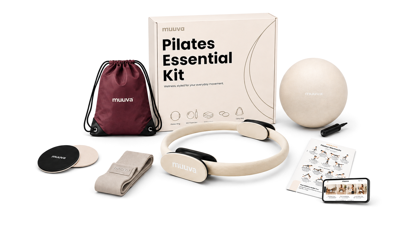 MUUVA Pilates kit with ring, ball, band, sliders, packaging, carry bag, pump, and guide with phone